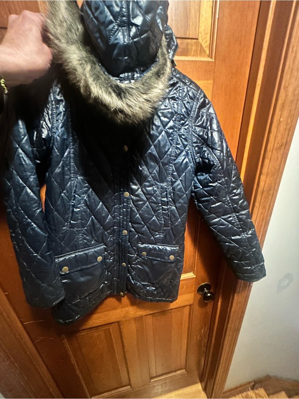 Barbour Quilted Hooded Puffer Jacket with Faux Fur Trim - Navy